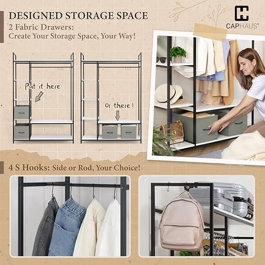 Garment Rack for Hanging ClothesAn elegant storage solution that combines rustic wooden boards and black metal frames. Ideal for bedrooms, closets, or dressing rooms, it optimizes space with hanging rods and shoe & storage shelves, ensuring chic organization. - Image 2
