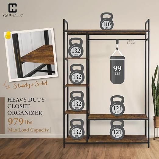 Garment Rack for Hanging ClothesAn elegant storage solution that combines rustic wooden boards and black metal frames. Ideal for bedrooms, closets, or dressing rooms, it optimizes space with hanging rods and shoe & storage shelves, ensuring chic organization. - Image 3