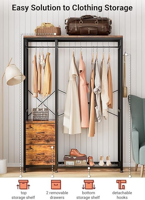 Garment Rack for Hanging ClothesAn elegant storage solution that combines rustic wooden boards and black metal frames. Ideal for bedrooms, closets, or dressing rooms, it optimizes space with hanging rods and shoe & storage shelves, ensuring chic organization. - Image 5