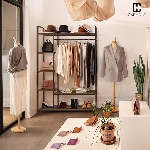 Garment Rack for Hanging ClothesAn elegant storage solution that combines rustic wooden boards and black metal frames. Ideal for bedrooms, closets, or dressing rooms, it optimizes space with hanging rods and shoe & storage shelves, ensuring chic organization.