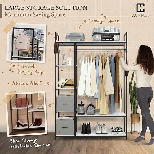 Garment Rack for Hanging ClothesAn elegant storage solution that combines rustic wooden boards and black metal frames. Ideal for bedrooms, closets, or dressing rooms, it optimizes space with hanging rods and shoe & storage shelves, ensuring chic organization. - Image 4